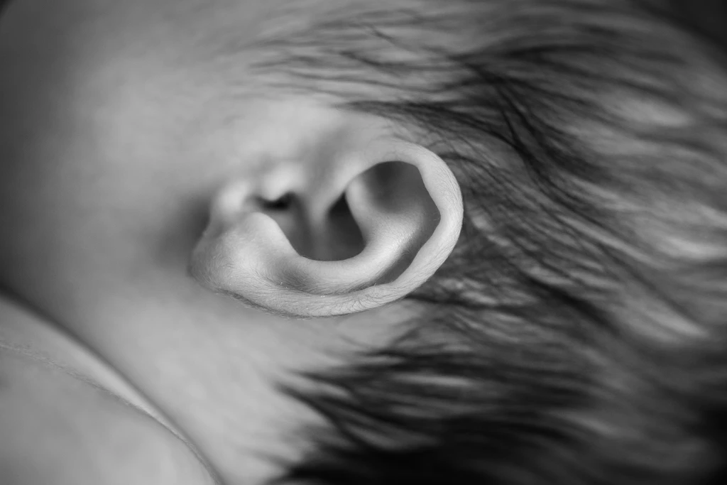 Macro fotografía en blanco y negro mostrando el perfecto detalle de la oreja de un bebé recién nacido en Barcelona.