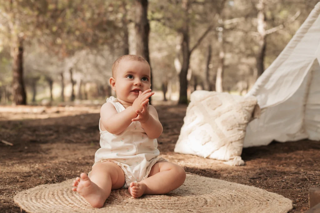 Bebé sentado en una sesión de fotos de cumpleaños infantil natural en un bosque de Barcelona.