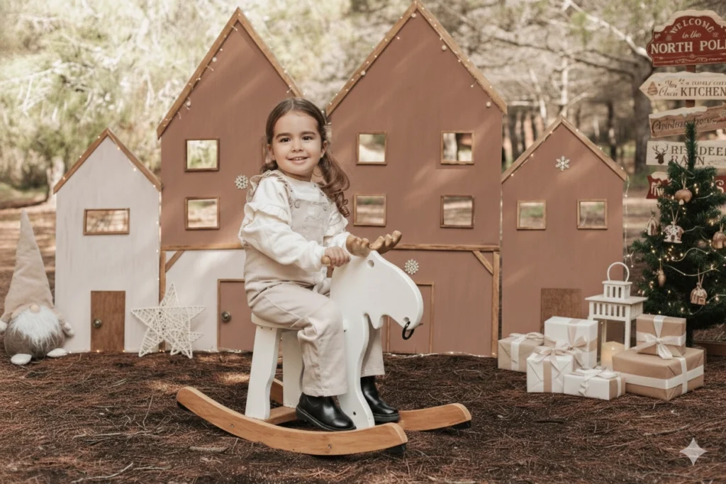 Sesión de fotos de Navidad en exterior en Barcelona con decorado de casitas de madera y niña en reno balancín.